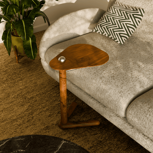 Top view of Trilo side table showcasing organic wooden tabletop and modern sculptural design