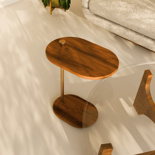 classic modern Natalia Arco C shaped side table made from teakwood and brass