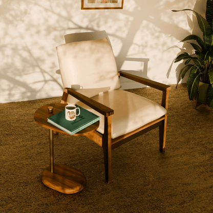 Versatile teak wood and brass accent table, perfect beside a sofa, armchair, or bed.