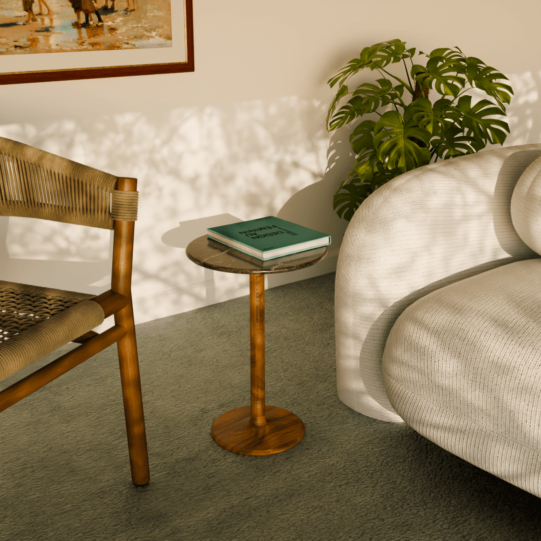 luna side table beside chair and sofa adding aesthetics and functionality in the living room 