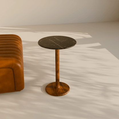 Luna Side Table next to modern brown ottoman with marble top
