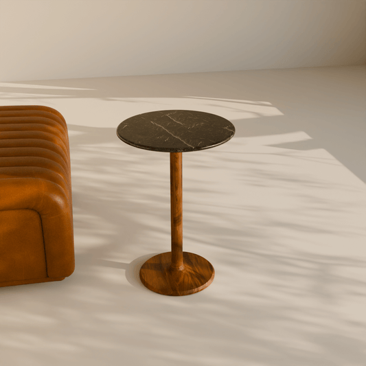 Luna Side Table next to modern brown ottoman with marble top