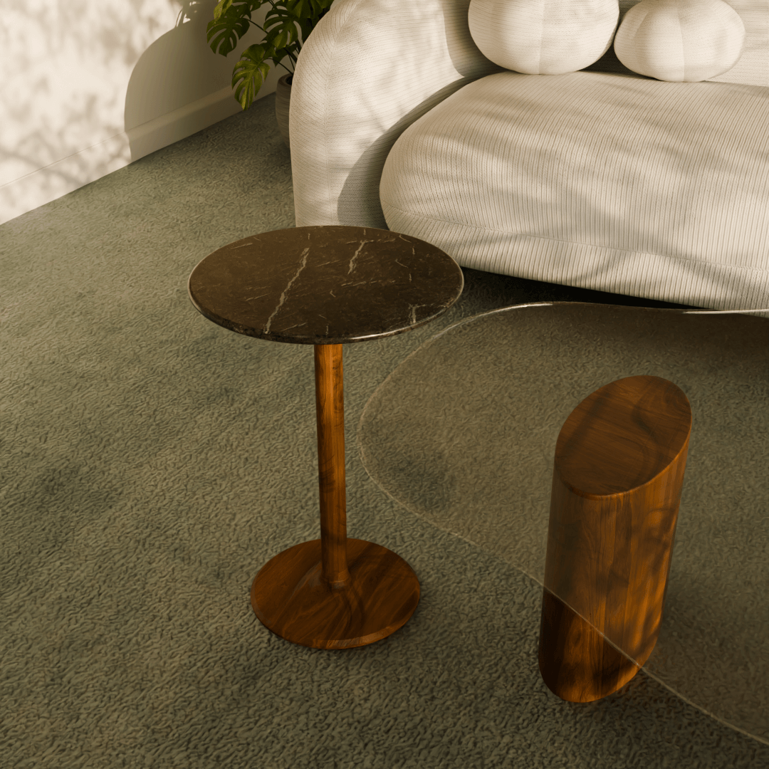luna side table beside a sculptural centre table and adding texture and aesthetics to the room. 