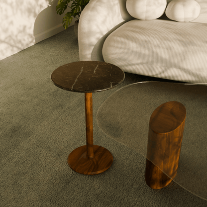 luna side table beside a sculptural centre table and adding texture and aesthetics to the room. 