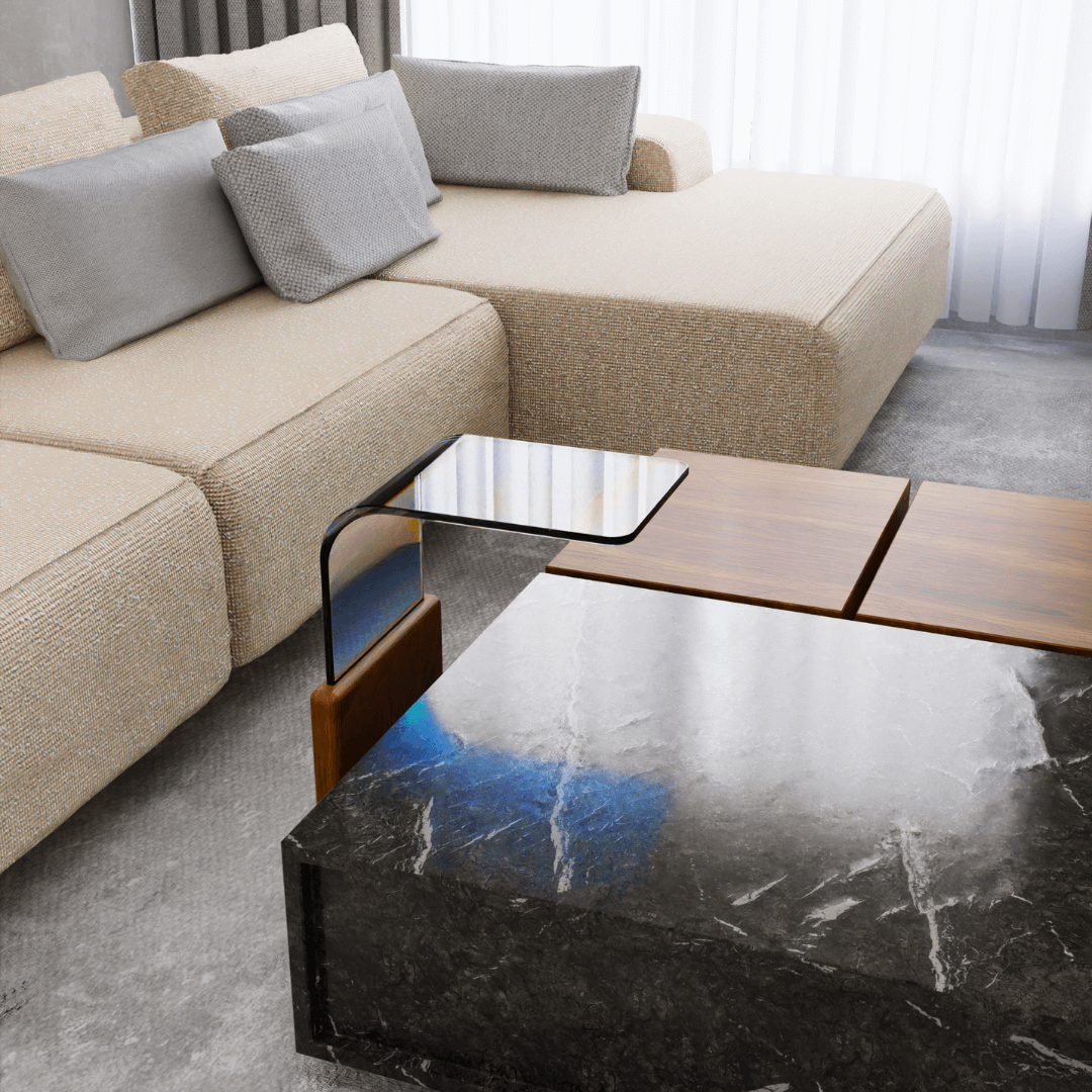 Close-up of Linea Side Table curved teak base and seamless bent glass top