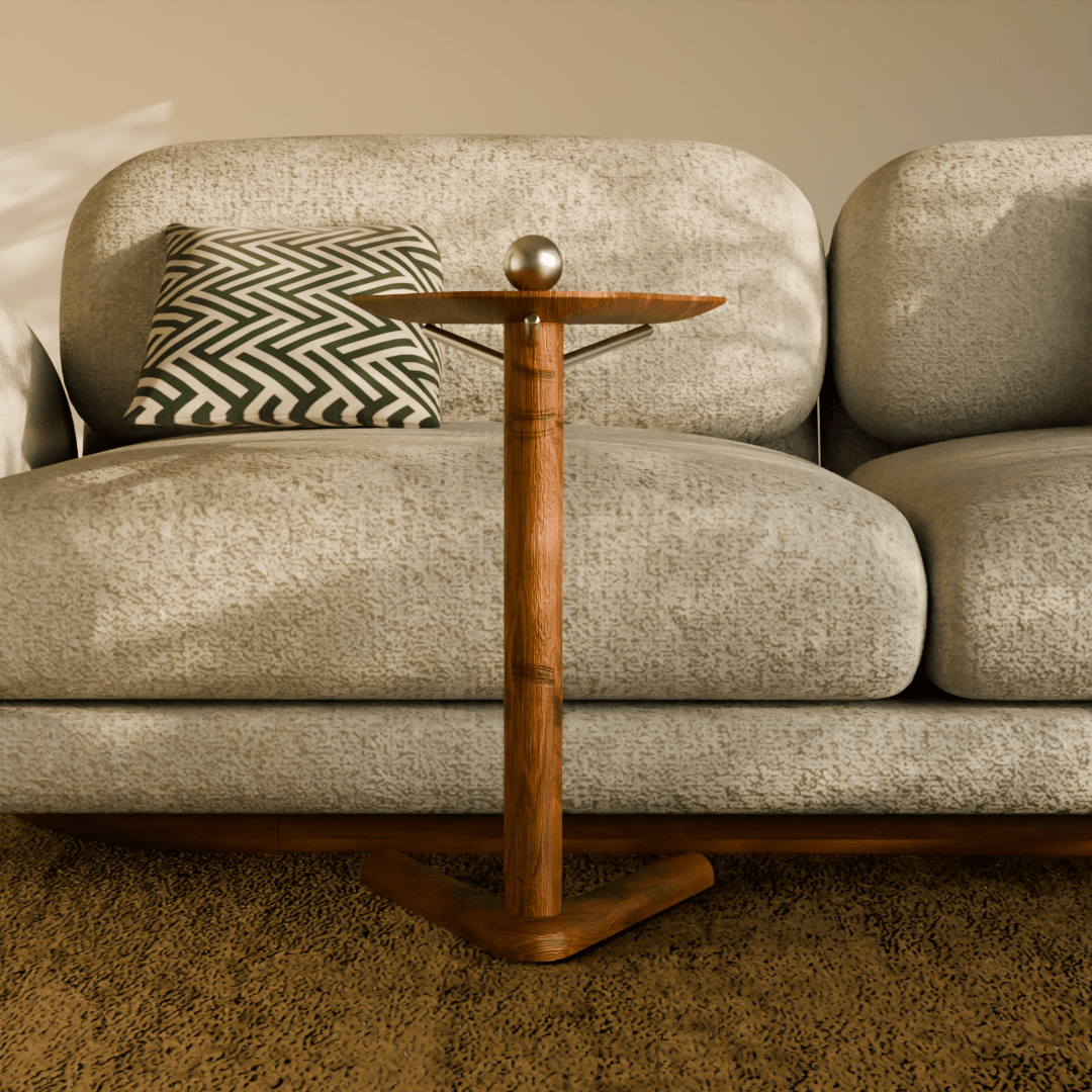 Close-up of Trilo side table highlighting natural wood grain, metal support detail, and contemporary craftsmanship